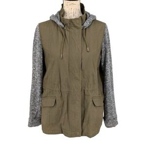 LE3NO Lightweight Jacket Large Olive Cotton Body Gray Knit Sleeves Hood Zip Up